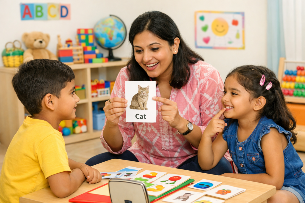 Indian children engaged in speech therapy with a therapist at Samvedan Child Development Center.